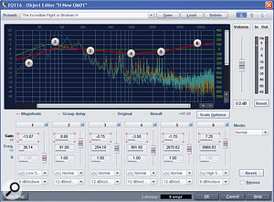 The EQ116 mastering equaliser plots the original frequency response, in quite some detail, as an orange line; the applied curve is shown in red; and the resulting curve is shown, in detail equal to the original, as a blue line. So in the example here we can see that the (illustrative only!) bass boost at 81Hz is ameliorated, but not entirely eradicated by the slight dip at 254Hz and, in fact, only returns to the original and then starts to dip as the larger attenuation in band four comes into play.