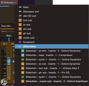 Screen 2. The Sidechains sub-menu at the bottom of the sends drop-down menu shows all available processor side-chains. Note the Oxford SuprEsser side-chain at the bottom of the menu.