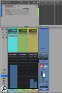 Here, Track 1 (the vocal track) is in Record Enable mode (the red button below Mute), and has input monitoring enabled (blue button). The large meter on the Input Channel at the left shows that the level is somewhere around the ‑12dB mark.