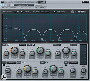 Screen 1: complementary EQ settings in two hard-panned instances of Pro EQ send different frequency bands to each side of the mix.