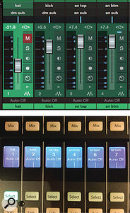 Screen 2A: Channels in the Studio One mixer and on the CS18AI. Where is channel 4? It is a bus channel acting as a snare submaster, so it appears on the Mix Masters layer on the CS18AI, rather than the A (1-16) layer shown here.