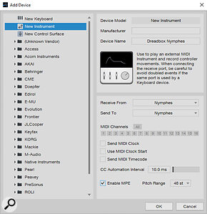 If your synth or sound module isn’t represented in the list of devices, choose New Instrument and define the port and MIDI channel there.