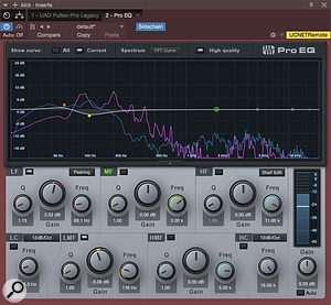 Screen 3: Studio One’s Pro EQ plug-in can overlay an FFT of a signal sent to its side-chain input on the FFT of the channel signal. Here, it is clear that the kick drum and bass both have a good bit of 100Hz energy, so a little EQ is applied to ease the masking a bit.