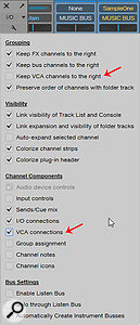 If you untick the ‘Keep VCA channels to the right’ box in the mixer preferences, you can move your VCAs to anywhere in the console. Making VCA connections visible (under Channel Components) will give you a drop‑down menu on each channel for assigning it to a VCA. If you untick the ‘Keep VCA channels to the right’ box in the mixer preferences, you can move your VCAs to anywhere in the console. Making VCA connections visible (under Channel Components) will give you a drop‑down menu on each channel for assigning it to a VCA.