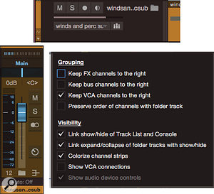 At the top is a  folder track routed to a  bus channel as a  submix. On the bottom left, a  folder button appears at the bottom of the bus channel. This button is the same one as the one on the folder track. To make the channels collapse when the tracks collapse, tick the first two options under Visibility in the mixer options dialogue on the bottom right.