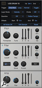 Screen 4: Small amounts of pitch and filter velocity modulation, but full-on level modulation for this sound. Note that even with positive modulation, the pitch is transposed up a little, not down. This sound will always play back at least a little higher than the original. The filter is a low-pass in this case, which gets just a touch of velocity mod.