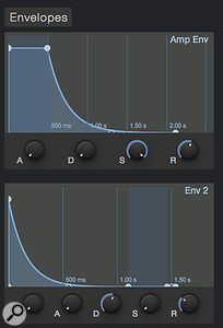 Screen 2: We have added enveloping to the sound. Note that the decay times are under 1.5 seconds to reduce ringiness in any of the sounds.