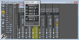 Here, the mixer window shows a couple of EQ sections, with a 'flyout' to allow the first channel's EQ to be adjusted. All very 'number-y'! VST and Direct X plug‑ins can also be inserted in the mixer channels, in addition to the in‑house EQ, dynamics, and so forth (which are all shown in the box to the left of the mixer).