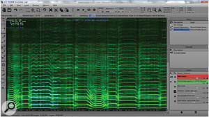 The frequency spectrum of a solo phonofiddle displayed in SpectraLayers. The first 10 harmonics have been selected using the second harmonic as the detection harmonic. You'll notice that there are approximately 25 frequencies in the full spectrum.