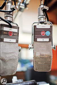 A pair of RCA BX44 ribbon microphones set up for a vocal session in Studio B