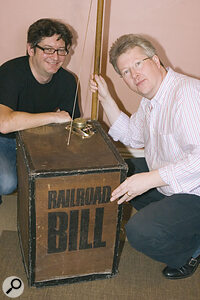 Tea-chest bassist Chris Walker (left) with SOS teamster Hugh Robjohns and the instrument in question after its makeover...