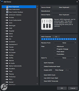 The Add Device window lists a number of presets designed to work with specific MIDI controllers. If yours isn’t on the list, don’t worry: configuring a controller manually is easy enough.