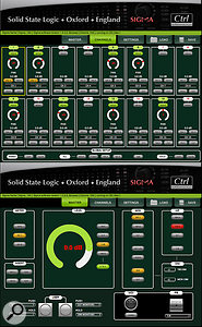 A tabbed HTML5 page allows computers and remote devices to control the Sigma. Pictured are two tabs: top is the channel control tab, and beneath that, the master. The other two take care of MIDI routing and configuration.