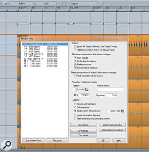 Also new in Pro X is the Tempo Track, visible at the top of this screenshot, where it is showing my newly created tempo map (note the change from 5/4 to 9/4 time). The Tempo Map dialogue displays the same information in list format. 
