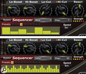 The 'Fractured Minds' sequencer example discussed in the main text. In the upper part of the screen you can see that the original step sequence applied to the filter's Hi‑Cut has been changed to seven steps, with the additional steps' values filled in, running at eighth notes. The lower half shows the step sequencer applied also to the filter's Lo‑Cut, using a different sequencer preset running at 16th notes with 32 steps. This creates a dramatically different and complex rhythmic character, and by assigning MIDI controllers to engage or disengage the sequences, the nature of the rhythm can be changed on the fly.