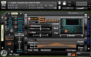 Fanfare's Spinner effect, as featured in the three-mic instruments. Distance and Pan may be modulated together, as here, or either can be modulated on its own. As with all Fanfare modulations, the mod pattern can be hand drawn in the lower step-pattern box. Distance and Pan can also have independent modulation patterns.