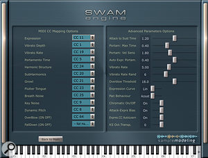 The SWAM engine's Options page opens a MIDI CC remapper and advanced parameter settings: paradise for tweakers!