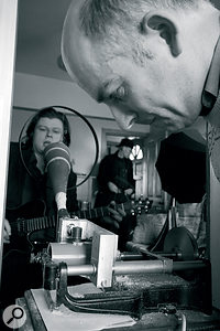 Tom Rodwell cuts a take live to wax cylinder while Duncan Miller (right) looks on anxiously.