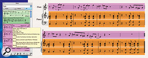 Here you can see a simple score created by pasting in some of Sibelius’s built–in Ideas. Notice how the Ideas in the score are highlighted with the colour coding of the Idea, and how hovering the mouse over an Idea in the tool window shows the metadata for that Idea.