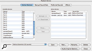 The Playback Devices window allows you to specify what plug–ins are active in the current configuration and what Sound Sets they use. Other tabs are provided to set up Manual Sound Sets, Preferred Sounds, and Effects.