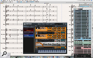 Here you can see the new Kontakt Player 2 plug-in with instruments from Sibelius Sounds Essentials loaded to play back the current score. The updated Mixer window shows Strips for each staff in the score (in blue), along with Virtual Instrument Strips (in green), Group Strips (in purple), Effects Bus Strips (in red) and the Master Volume Strip (in black).