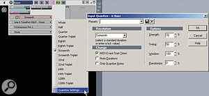 Click on the Enable box for input quantisation (the green square just below the magenta trim control), then select the desired quantisation value from the drop-down menu. If you select Quantise Settings, you can alter how the quantisation affects the incoming MIDI data.