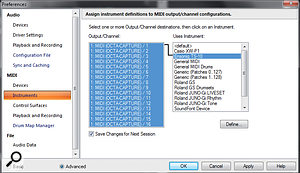 After making an instrument definition available, you need to assign your MIDI outputs and channels to the desired instrument.