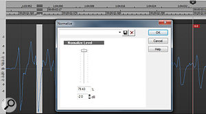 The Track Peak Marker lags 40ms after the highest peak, which you can see here being selected and normalised to –2.0dB. The peak to the left of it will need normalising as well.