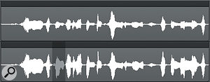 The top track shows the original waveform. Below it, individual words have been normalised to -1dB — including the word that’s currently selected.