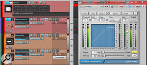 Track 1 is the drums source track. Its output Patch Point feeds two parallel tracks. One track has no processing; the other one squashes the drums but is mixed a  bit lower than the dry track so that it ‘fills out’ the sound.