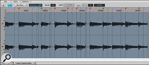 The clip has had its transient markers edited in the Loop Construction window. Sonar added the ones with the red triangles automatically, while the purple ones were added manually. The clip is 16 beats long and is being transposed up by three semitones.