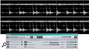 The upper clip shows transient markers with AudioSnap's default settings. The lower clip shows the results of setting a much lower threshold (six percent), and restricting resolution to 16th notes. Several transients that are missed in the upper clip are identified correctly in the lower one.