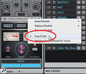 Placing the ProChannel post-effects bin and inserting the Console Emulator plug-in as the last effect in the ProChannel guarantees that all effects in the track will go through the Console Emulator.