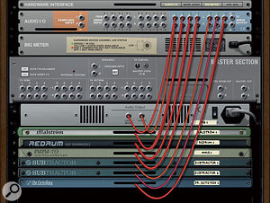 This screenshot shows the outputs from a variety of Reason instruments being patched directly to the Audio I/O. These channels appear in Sonar as individual outputs for the various instruments.