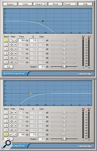 Setting up a low‑pass filter in one equaliser and a high‑pass filter in another allows you to split a track into two frequency bands.