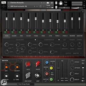 As well as the dry sounds and the 11 additional sample-based channels, Electro-Acoustic’s mixer offers further sound-shaping possibilities for each channel, plus a  global reverb and master channel.