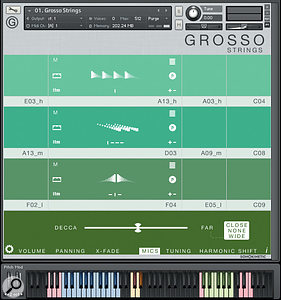 Grosso’s phrases are presented in colour-coded fields which indicate the respective ranges of each section. Volume, panning, microphone selection and balance, and other controls appear when you click on the bottom colour strip.