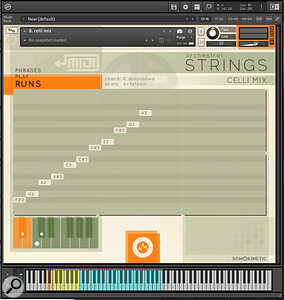 A cello section run. With a diminished chord played in the yellow keygroup, a harmonically compatible octatonic scale is generated. As well as being played, its note data can afterwards be dragged into a DAW MIDI track.