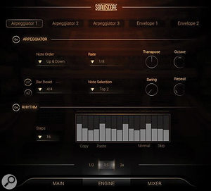 Arpeggiator 1 is playing an up/down pattern of 8th notes in 4/4, with dynamics controlled by the Rhythm step sequencer. Only the top two notes of a chord will be played by this arpeggiator.