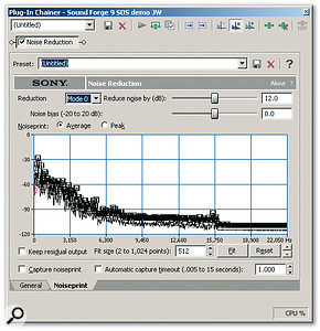 Sony's <em>Noise Reduction</em> suite — including the noise-print-based cleaning shown here — is now bundled with <em>Sound Forge 9</em>.