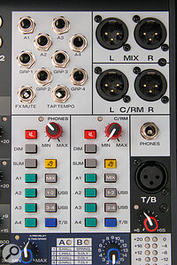 The centre section is unusually well specified for a compact mixer, with comprehensive monitoring options and the ability to send any of the mixes to the control room and headphone outs.