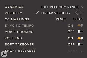 Preset settings control dynamic response and velocity range, and determine the behaviour of the library’s played rolls. As there are no rhythmic phrases, sync to tempo is not used in this library.