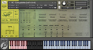 The BMI Kontakt GUI contains a  microphone mixer, performance controls and the ‘articulation stanza’. To load or unload articulations, simply click on the small rectangle positioned underneath each note icon. Keyswitches (marked in pink) allow on-the-fly changes between the different playing styles.