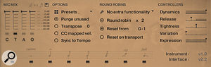 Spitfire Audio’s ‘expert panel’ offers further control over various expression functions, release trigger duration and round-robin behaviour. The ‘options’ list includes a  button for syncing the tempo of rhythmic performances such as BML’s ‘measured tremolos’ to your song tempo.