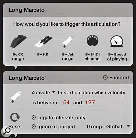 Accessible from the Kontakt GUI, the ‘Advanced Articulations’ feature lets you determine how articulations are triggered. For example, you can use MIDI CC values rather than keyswitches to select articulations, a  method favoured by Spitfire Audio themselves.