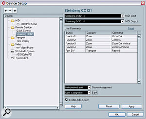 You can select user‑assignable functions for the CC121's rotary encoder and four buttons, plus a footswitch (not supplied), in the Device Setup window, although the current option list is a little limited in scope.