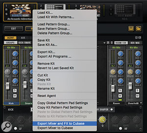 The Acoustic or Percussion Agents' mixer settings can be exported to the main Cubase MixConsole with a single click.