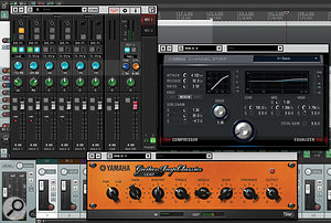 The dspMixFx software (top left) working in conjunction with Reaper. The Sweetspot Morphing Channel Strip and Guitar Amp Classics plug–ins are also pictured, in this case being used to provide low-latency effects on the foldback mix.