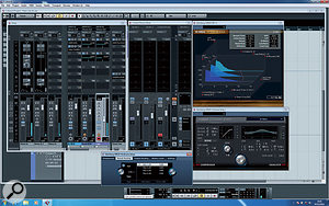 Integration between the UR824 and Cubase: The input channels (left) show the Hardware view through which the DSP features are controlled. Two of the audio channels show the Studio Sends used to set up monitor mixes with the Control Room. The Control Room mixer is also visible, with two Studio buses. Normally, the signal would be metered here too, but with direct monitoring enabled, it's not. Finally, you can see the plug-in-like interfaces through which the Rev-X reverb and the "sweet spot morphing channel strip” are edited.