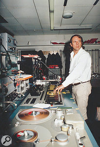 Stockhausen at work on the electronic elements of <em>Hymnen</em> in the WDR Electronic Studio, Cologne, where much of his most important work was completed.